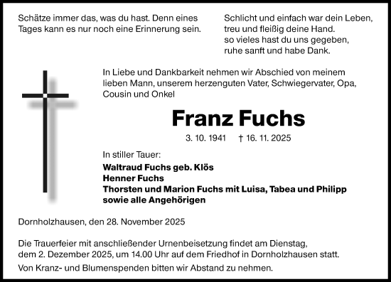Traueranzeige von Franz Fuchs von Wetzlarer Neue Zeitung
