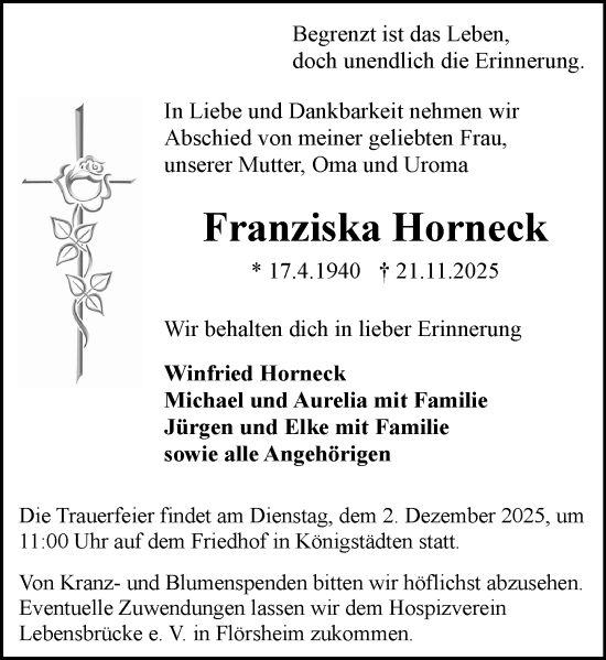 Traueranzeige von Franziska Horneck von Rüsselsheimer Echo