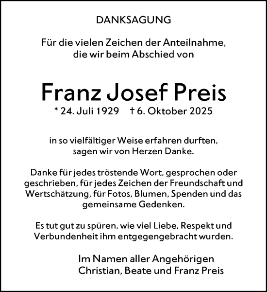 Traueranzeige von Franz Josef Preis von Hochheimer Zeitung