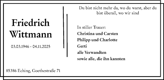 Traueranzeige von Friedrich Wittmann von Allgemeine Zeitung Alzey