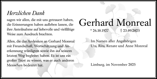 Traueranzeige von Gerhard Monreal von Nassauische Neue Presse