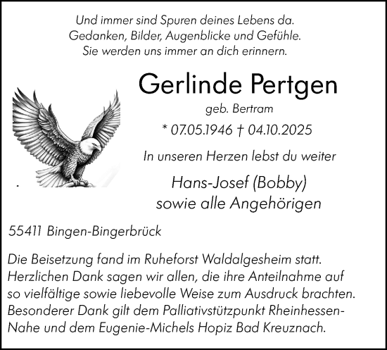 Traueranzeige von Gerlinde Pertgen von Binger-/Ingelheimer Wochenblatt