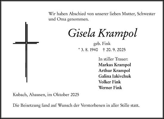 Traueranzeige von Gisela Krampol von Weilburger Tageblatt