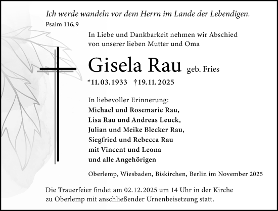 Traueranzeige von Gisela Rau von Wetzlarer Neue Zeitung