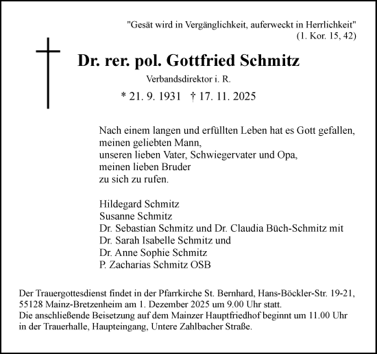 Traueranzeige von Gottfried Schmitz von Allgemeine Zeitung Mainz