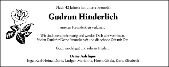 Traueranzeige von Gudrun Hinderlich von Hochheimer Zeitung
