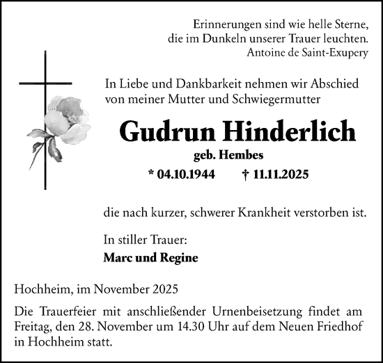 Traueranzeige von Gudrun Hinderlich von Wiesbadener Kurier