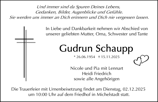 Traueranzeige von Gudrun Schaupp von Odenwälder Echo