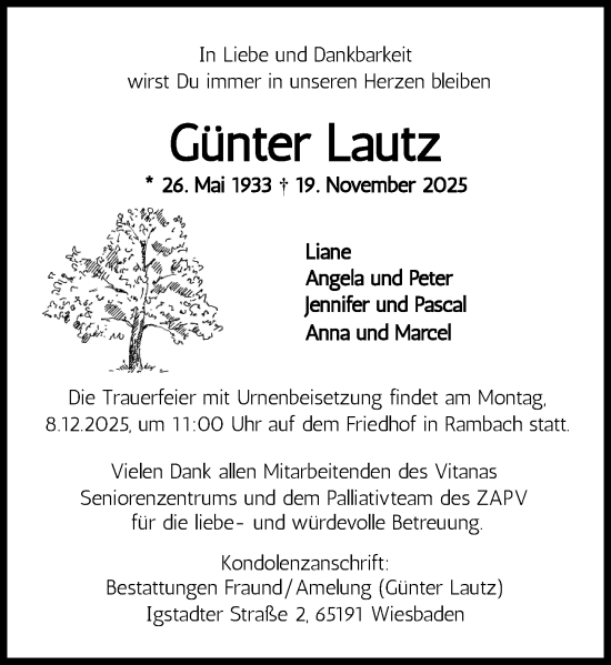 Traueranzeige von Günter Lautz von Wiesbadener Kurier