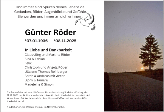 Traueranzeige von Günter Röder von Hinterländer Anzeiger