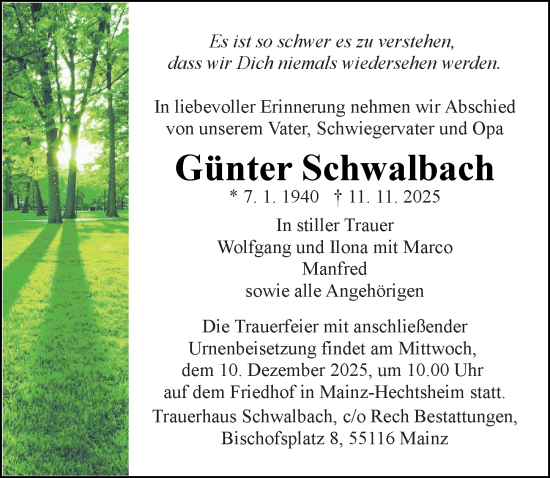 Traueranzeige von Günter Schwalbach von Allgemeine Zeitung Mainz