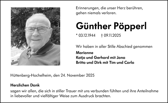Traueranzeige von Günther Pöpperl von Wetzlarer Neue Zeitung