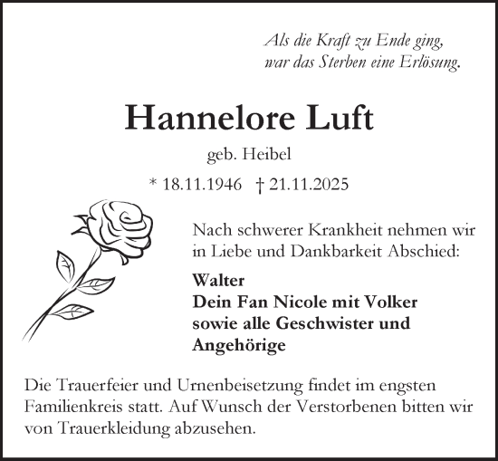 Traueranzeige von Hannelore Luft von Rüsselsheimer Echo