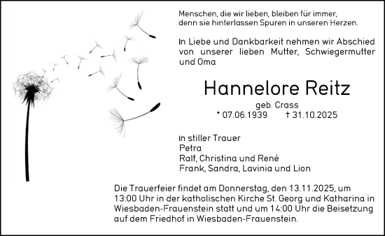 Traueranzeige von Hannelore Reitz von Wiesbadener Kurier