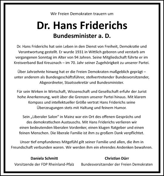 Traueranzeige von Hans Friderichs von Allgemeine Zeitung Mainz