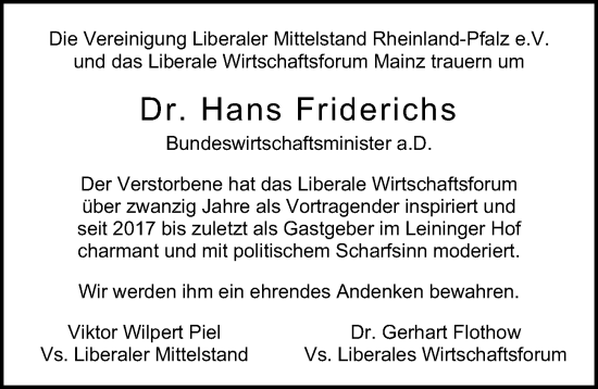 Traueranzeige von Hans Friderichs von Allgemeine Zeitung Mainz