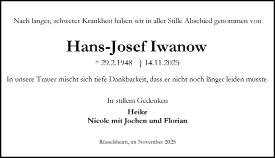 Traueranzeige von Hans-Josef Iwanow von Rüsselsheimer Echo