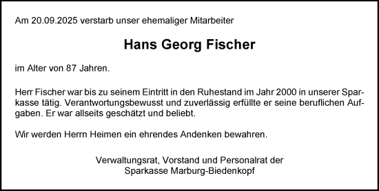 Traueranzeige von Hans Georg Fischer von Hinterländer Anzeiger