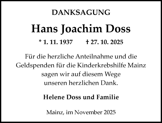 Traueranzeige von Hans Joachim Doss von Allgemeine Zeitung Mainz