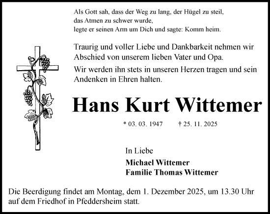 Traueranzeige von Hans Kurt Wittemer von Wormser Zeitung