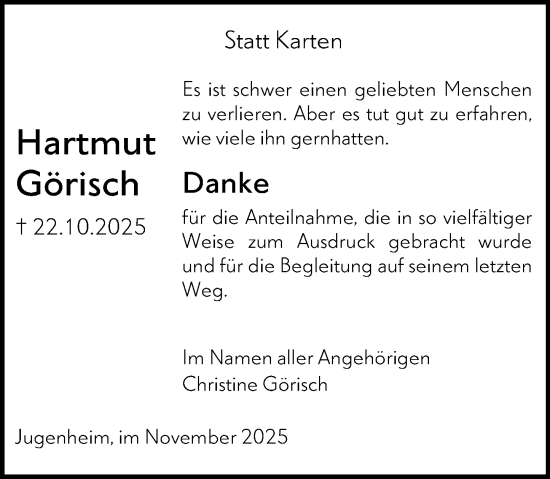 Traueranzeige von Hartmut Görisch von Darmstädter Echo
