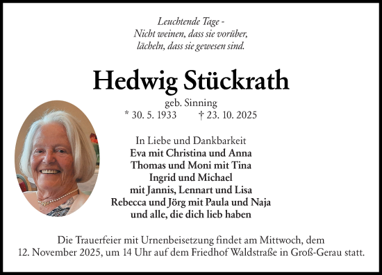 Traueranzeige von Hedwig Stückrath von Groß-Gerauer Echo
