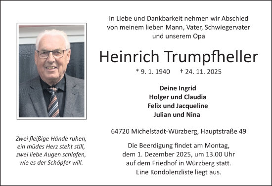 Traueranzeige von Heinrich Trumpfheller von Odenwälder Echo