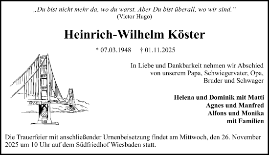 Traueranzeige von Heinrich-Wilhelm Köster von Wiesbadener Kurier