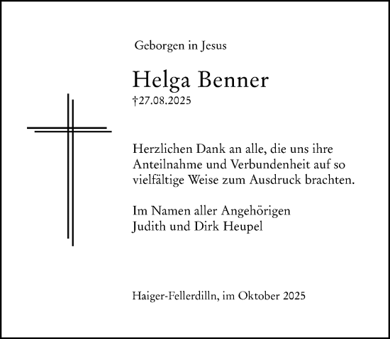Traueranzeige von Helga Benner von Dill Block