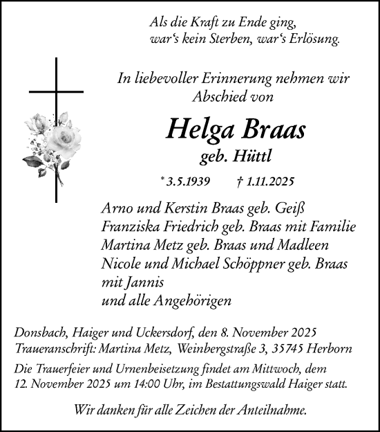 Traueranzeige von Helga Braas von Dill Block