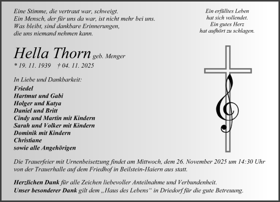 Traueranzeige von Hella Thorn von Dill Block