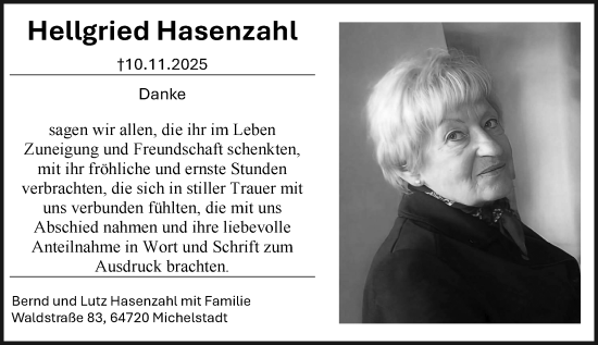 Traueranzeige von Hellgried Hasenzahl von Odenwälder Echo