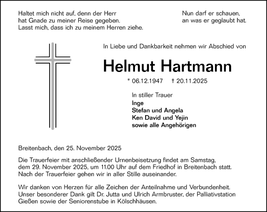Traueranzeige von Helmut Hartmann von Wetzlarer Neue Zeitung