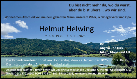 Traueranzeige von Helmut Helwing von Darmstädter Echo