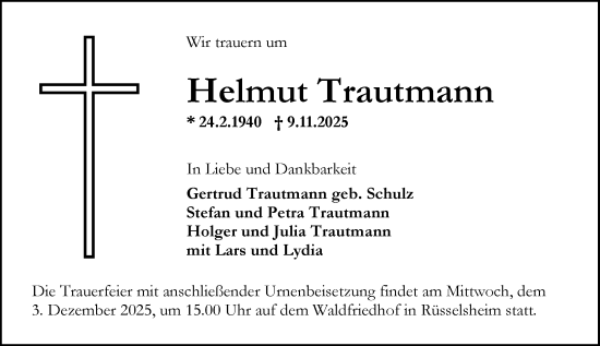 Traueranzeige von Helmut Trautmann von Rüsselsheimer Echo