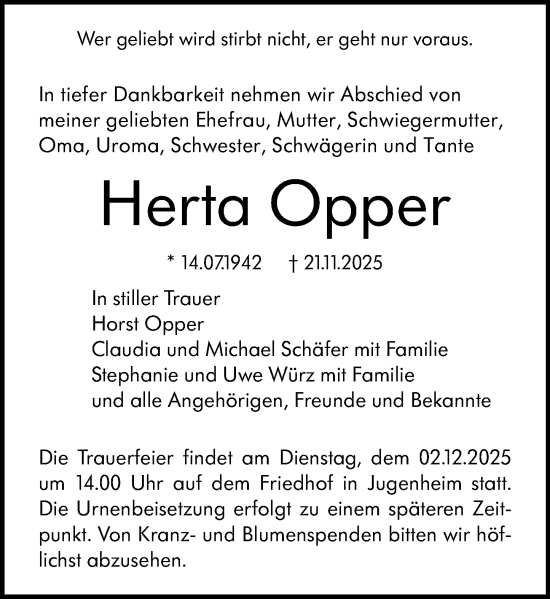 Traueranzeige von Herta Opper von Darmstädter Echo