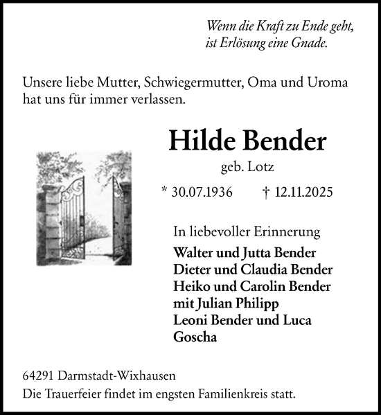 Traueranzeige von Hilde Bender von Darmstädter Echo