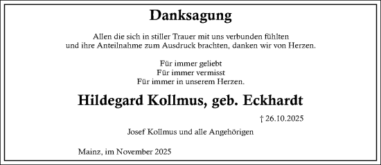 Traueranzeige von Hildegard Kollmus von Allgemeine Zeitung Mainz