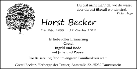 Traueranzeige von Horst Becker von Idsteiner Land/Untertaunus