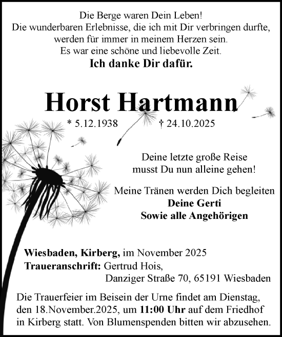 Traueranzeige von Horst Hartmann von Wiesbadener Kurier