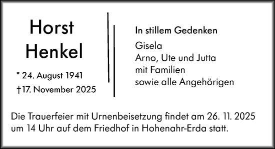 Traueranzeige von Horst Henkel von Wetzlarer Neue Zeitung