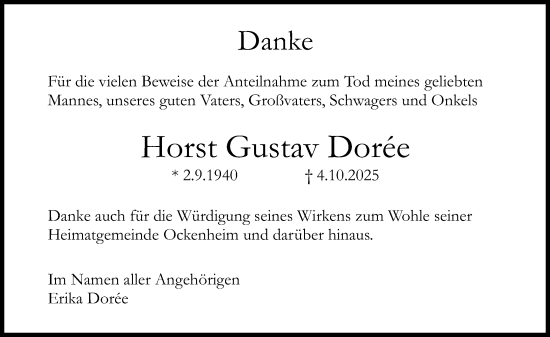 Traueranzeige von Horst Gustav Dorée von Allgemeine Zeitung Rheinhessen-Nahe