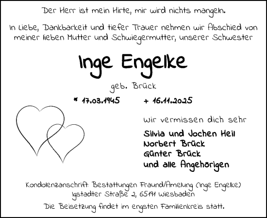 Traueranzeige von Inge Engelke von Wiesbadener Kurier