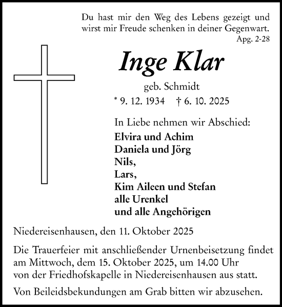Traueranzeige von Inge Klar von Hinterländer Anzeiger