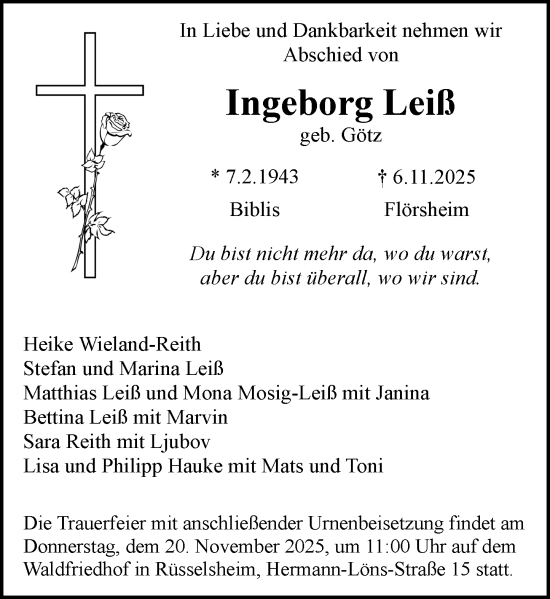 Traueranzeige von Ingeborg Leiß von Rüsselsheimer Echo