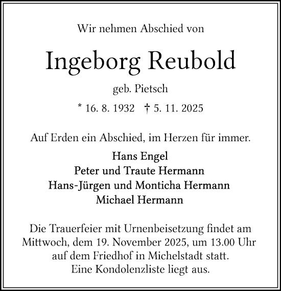Traueranzeige von Ingeborg Reubold von Odenwälder Echo