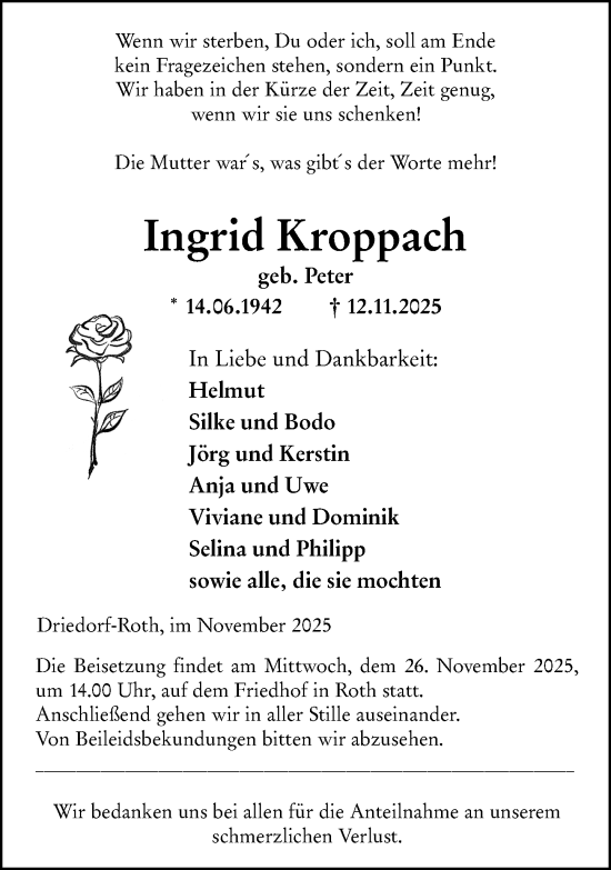 Traueranzeige von Ingrid Kroppach von Dill Block