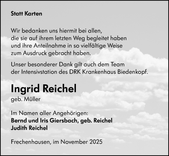 Traueranzeige von Ingrid Reichel von Hinterländer Anzeiger