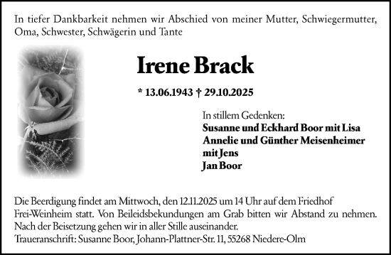 Traueranzeige von Irene Brack von Allgemeine Zeitung Rheinhessen-Nahe