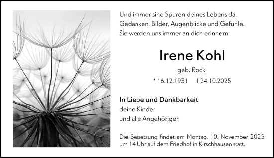 Traueranzeige von Irene Kohl von Starkenburger Echo